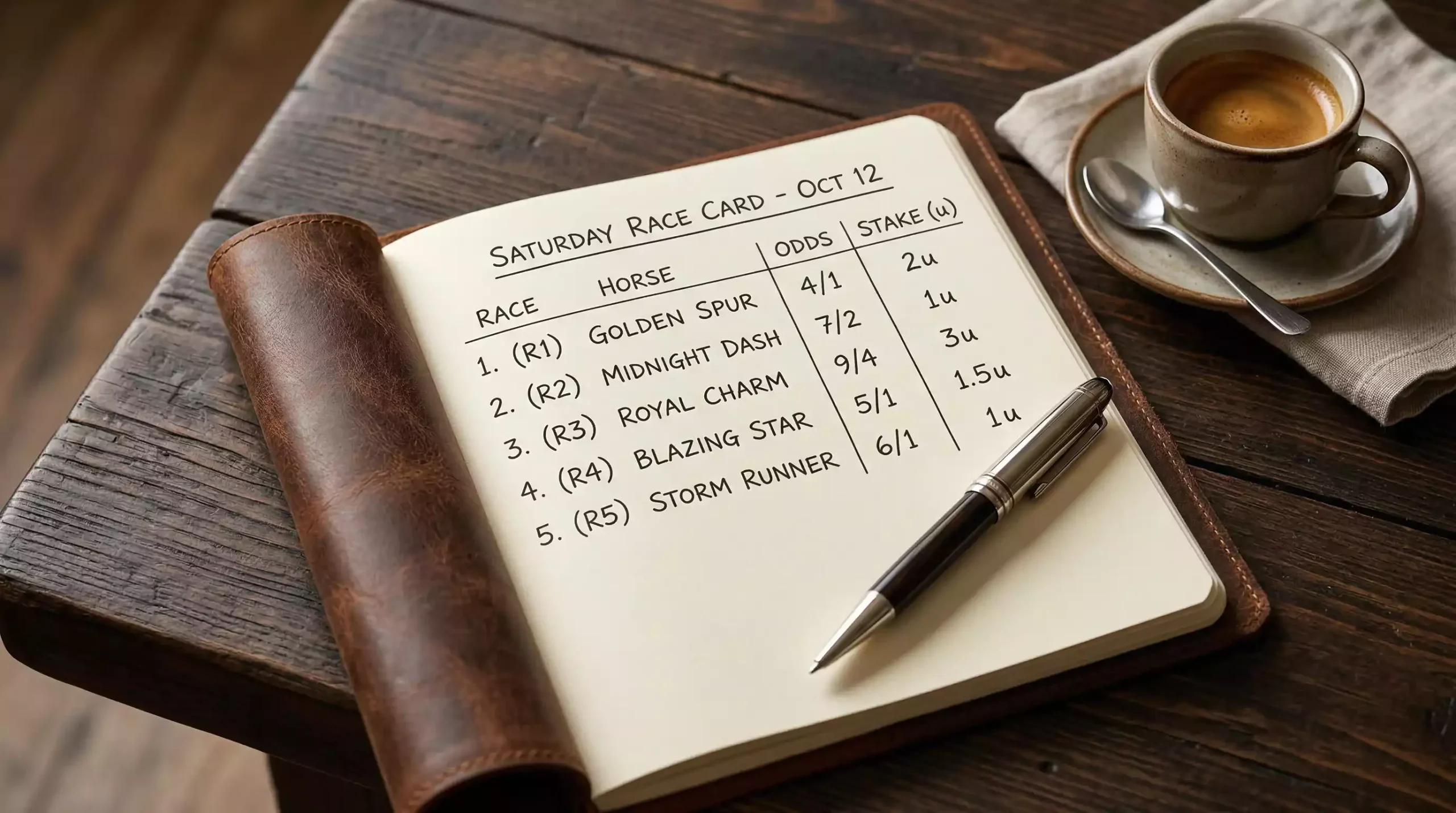 Neat notebook with a handwritten staking plan and pen on a wooden table