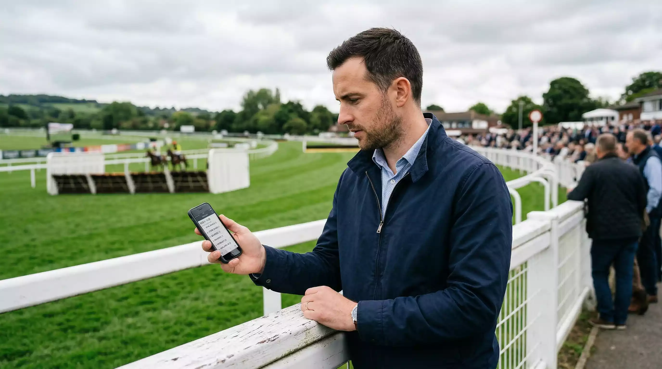 Punter studying racecards on a mobile phone at the track — evaluating bookmaker margins