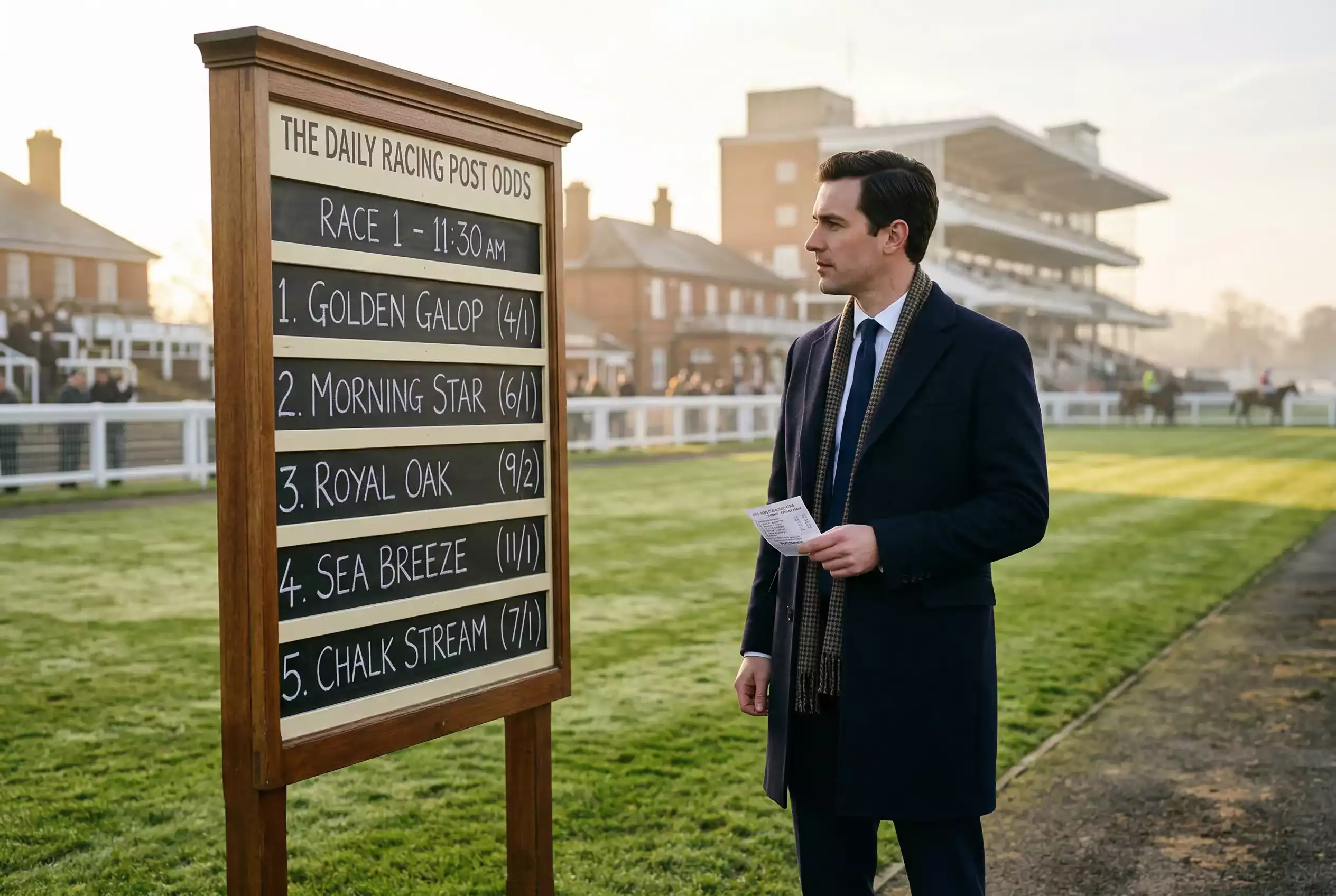 Racegoer studying an odds board at a UK racecourse with morning sunlight