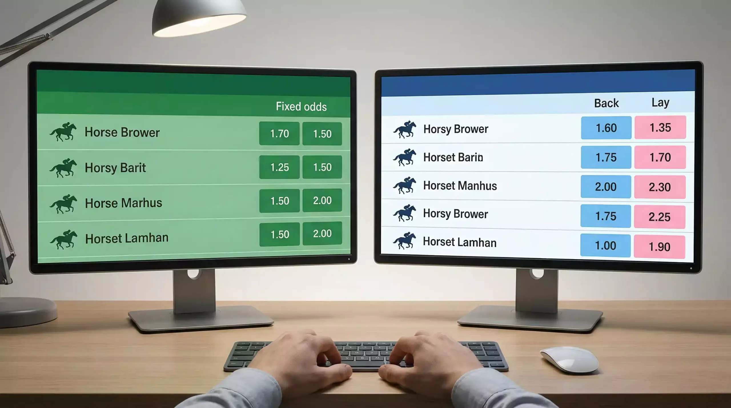 Two screens side by side showing different betting interfaces at a desk