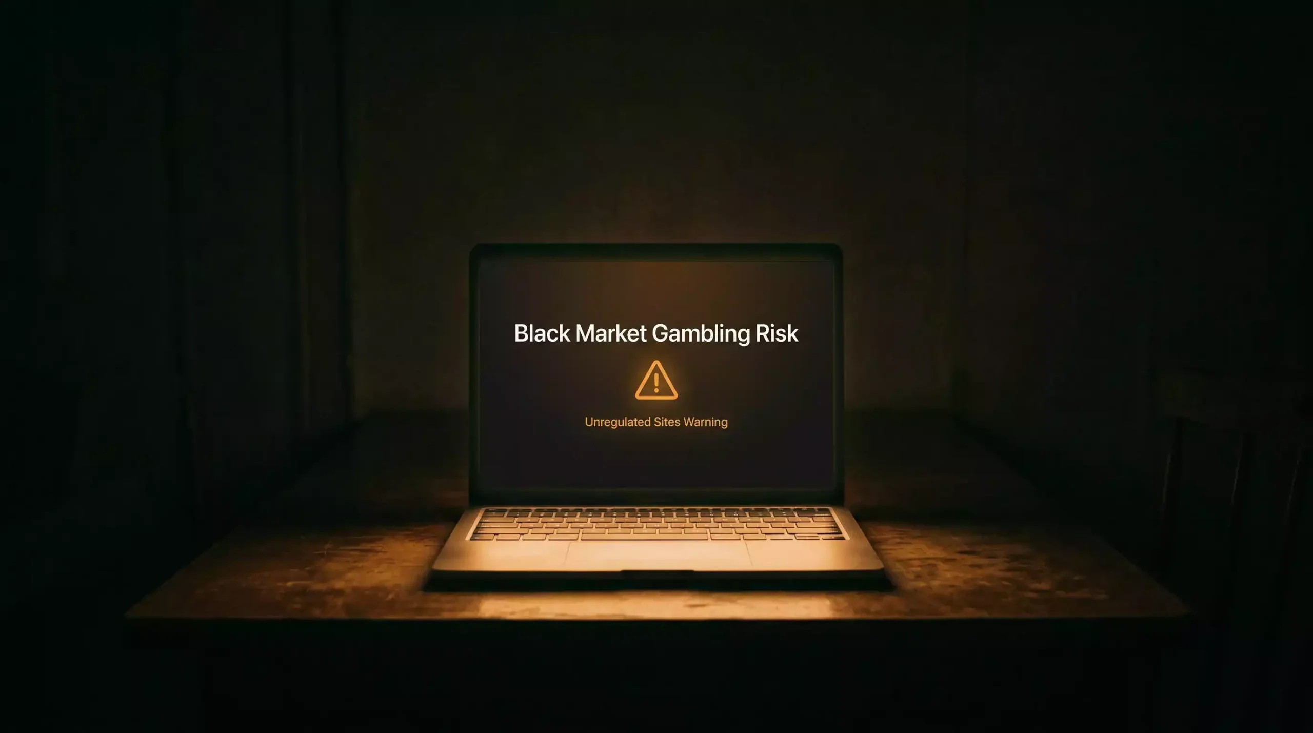 Dark laptop screen in shadows showing a warning symbol for unsafe betting sites