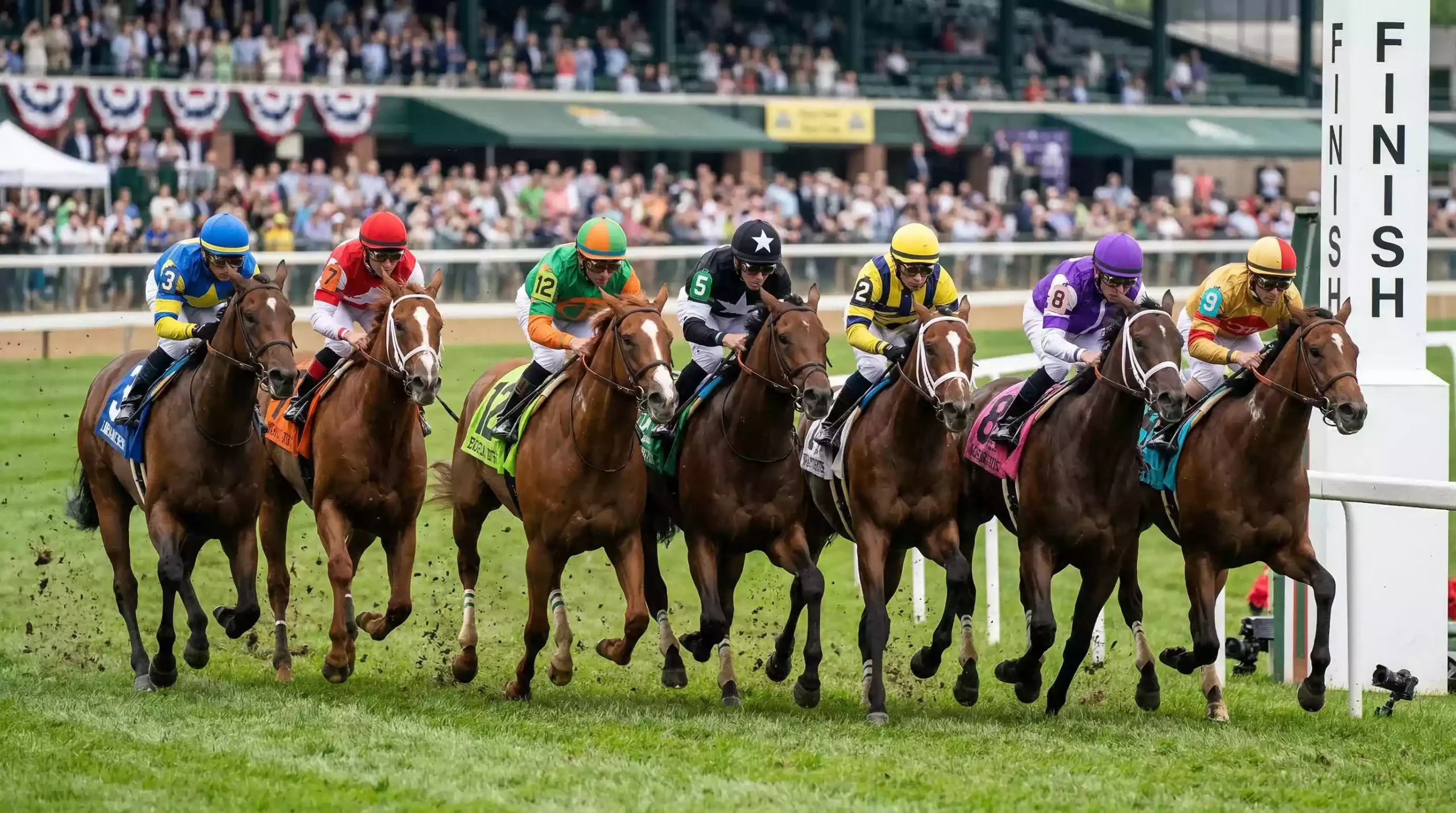 Tight finish of a big-field horse race with horses crossing the line close together