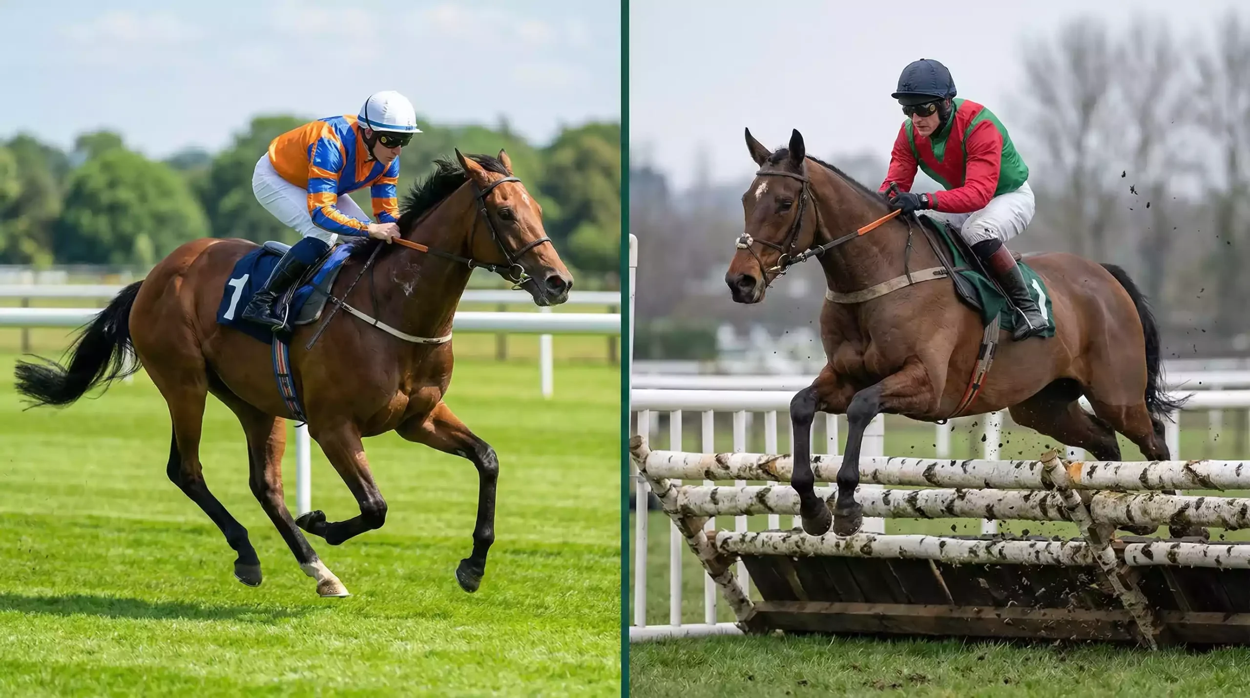Split scene showing flat racing on turf and a horse jumping a steeplechase fence