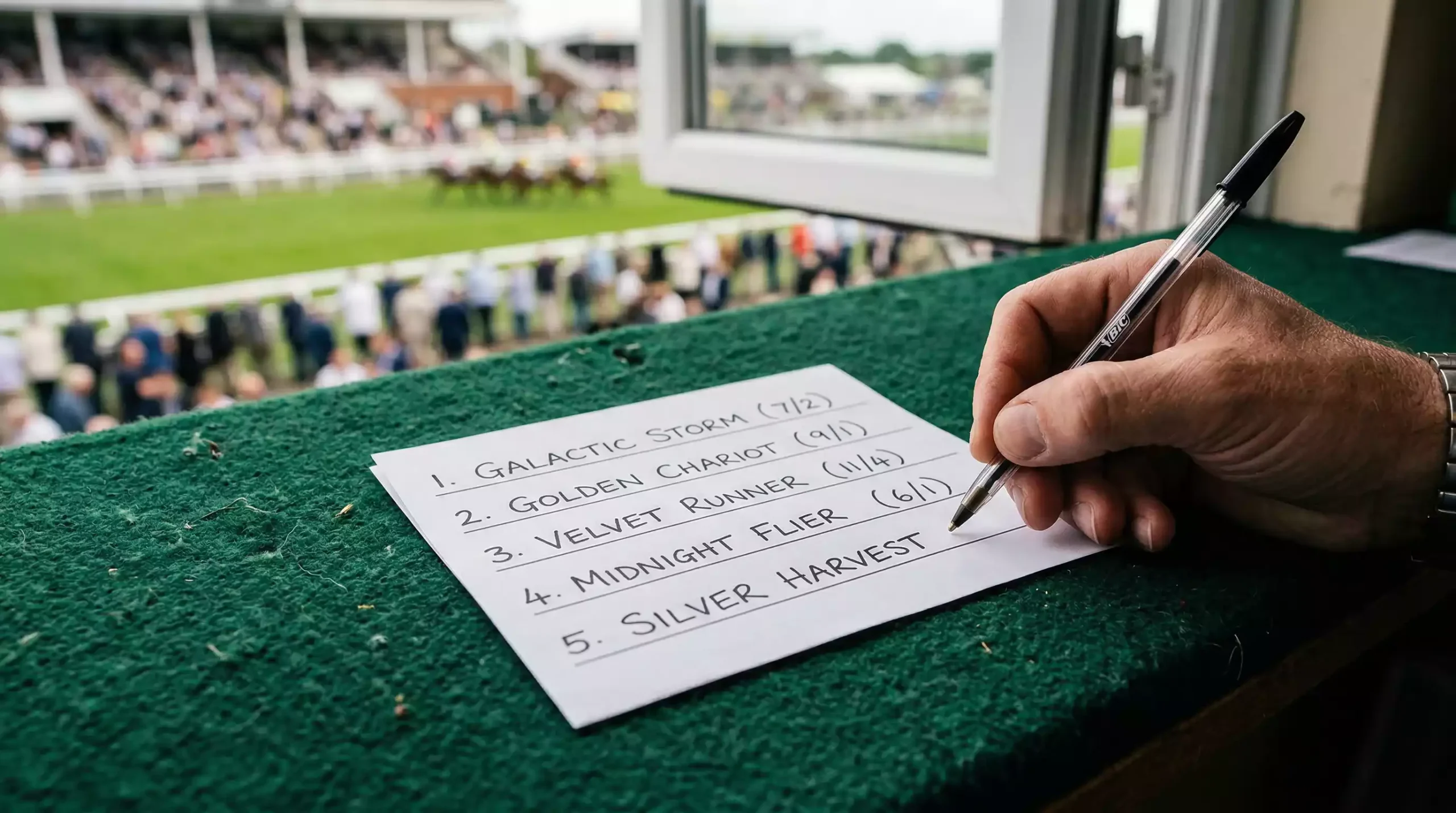 Betting slip with multiple horse racing selections on a racecourse counter