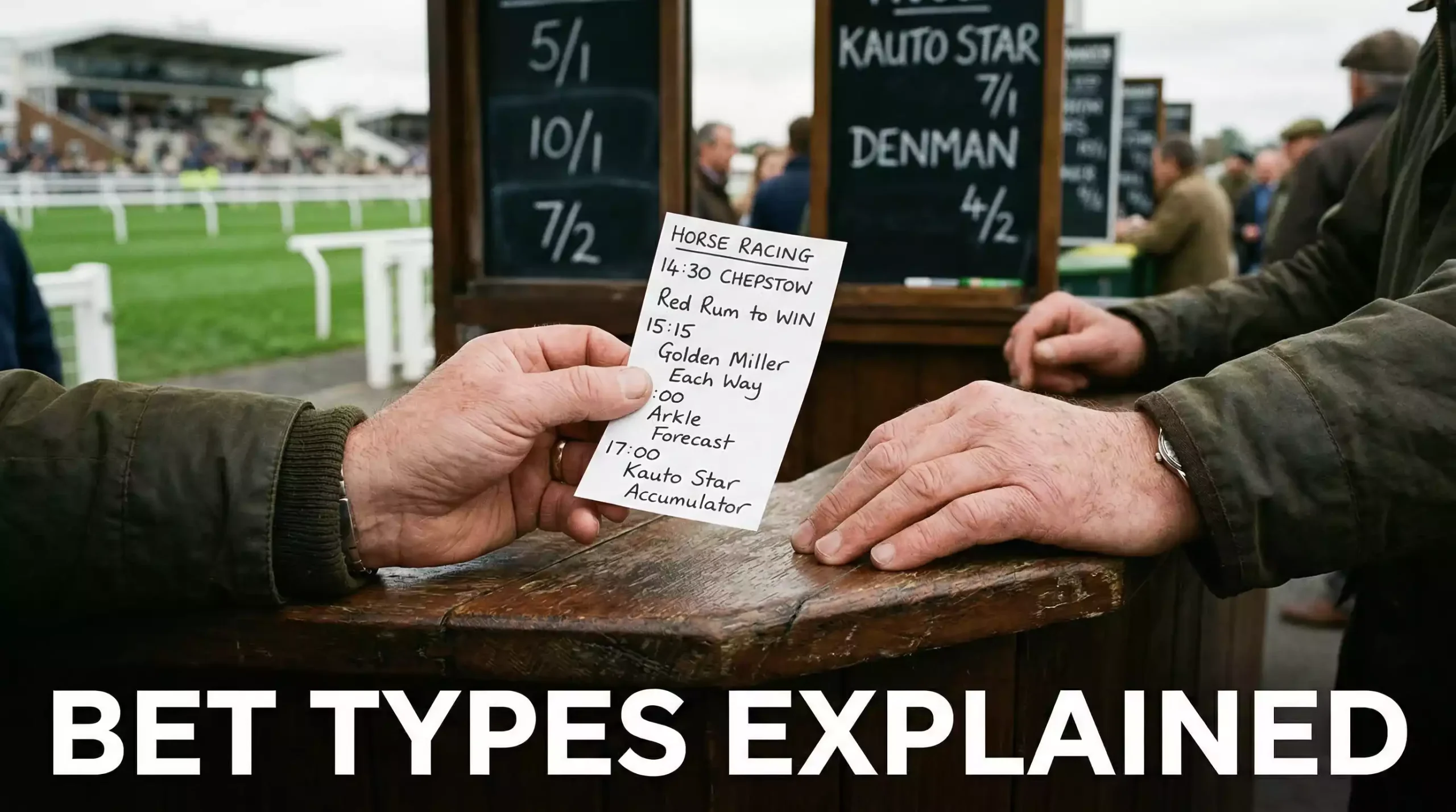 Horse racing bet types explained — punter holding a betting slip at a British racecourse