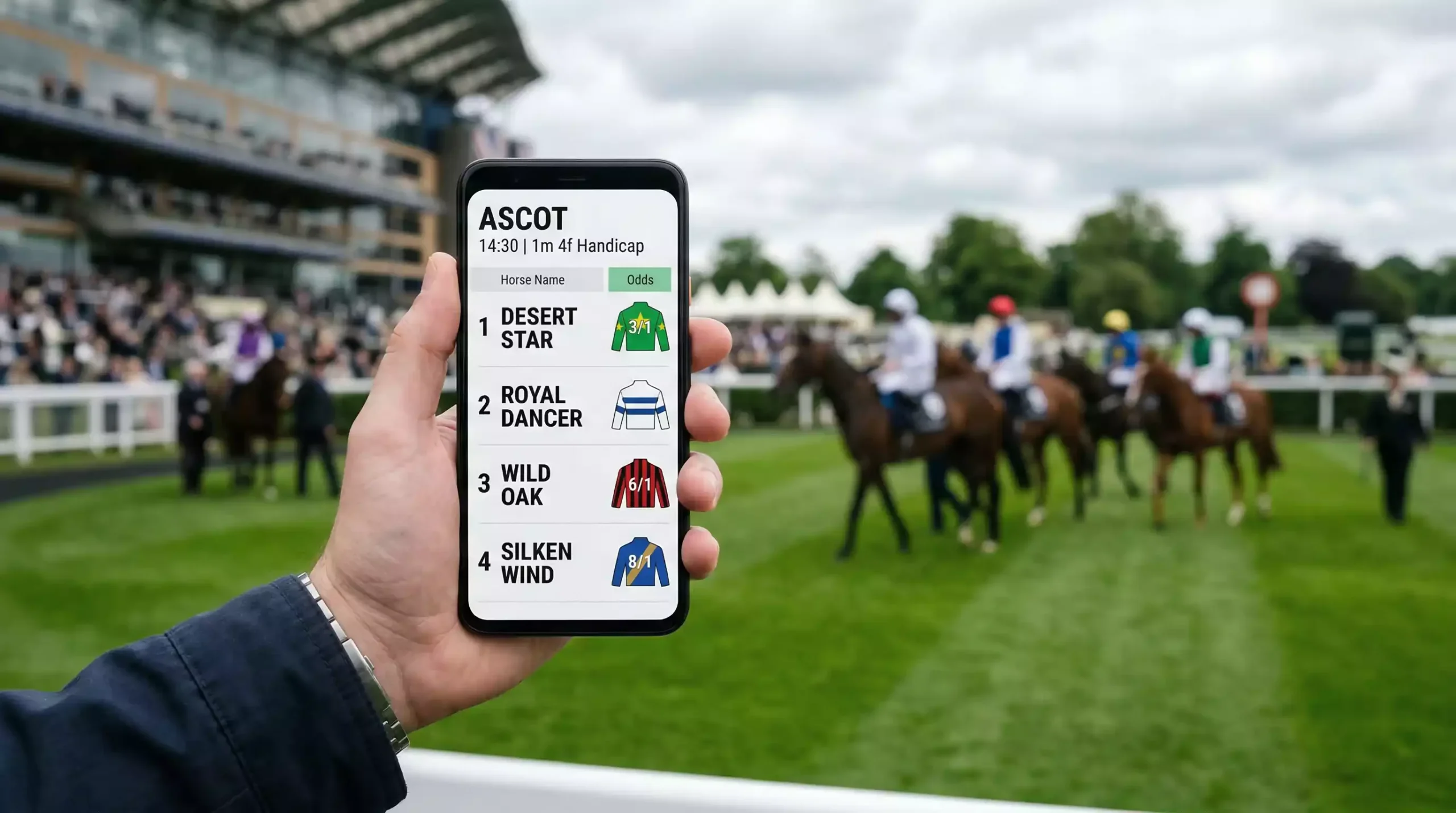 Hand holding a smartphone showing a horse racing betting app at a racecourse