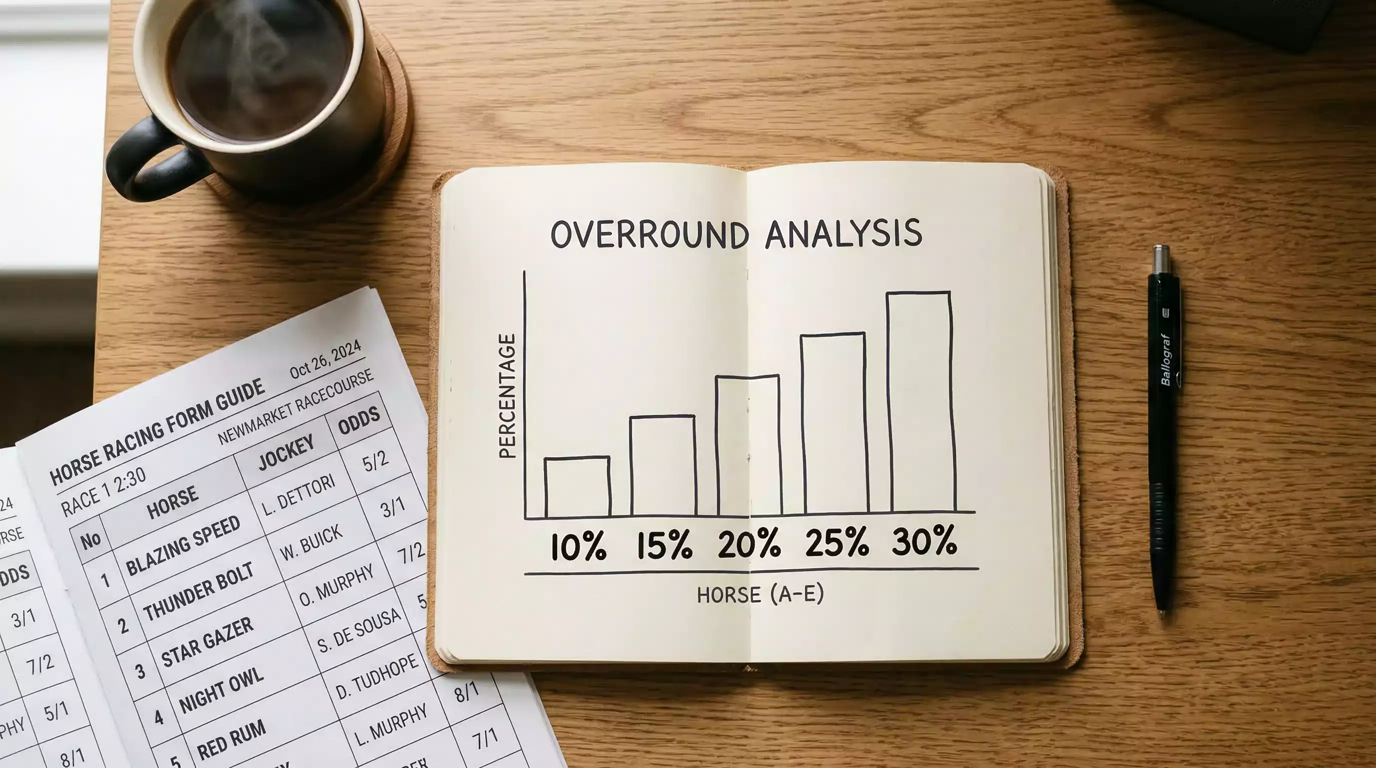 Horse racing betting methodology — form guide and overround analysis on a desk