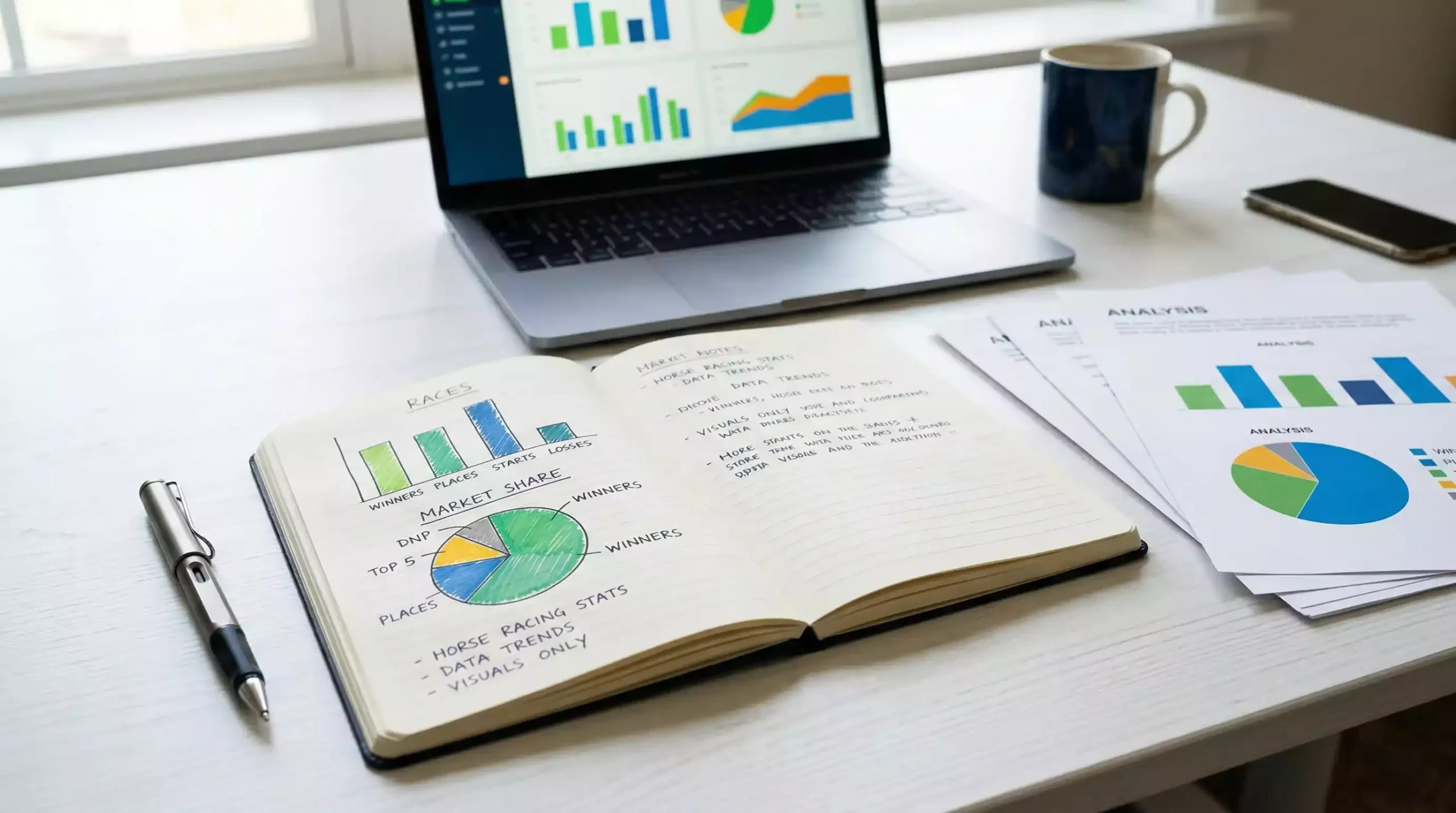 Clean infographic-style notebook with racing statistics and a pen on a desk
