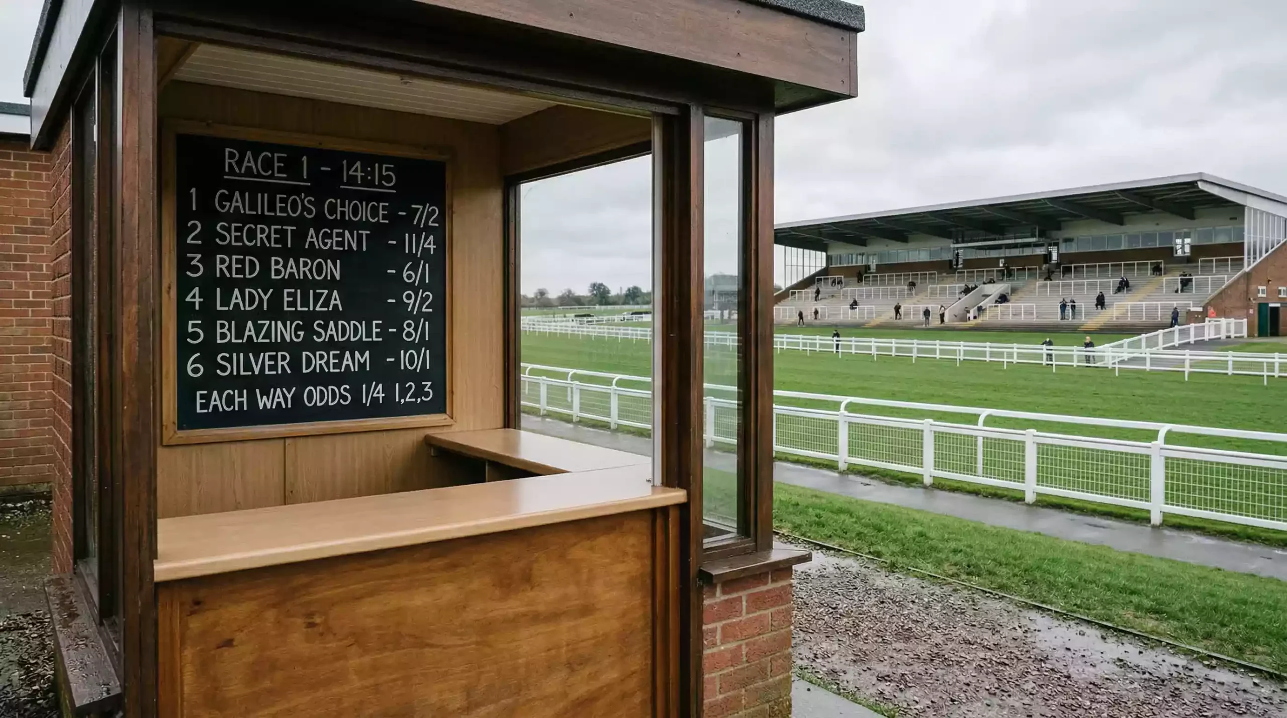 Empty bookmaker counter at a racecourse with a quiet grandstand behind