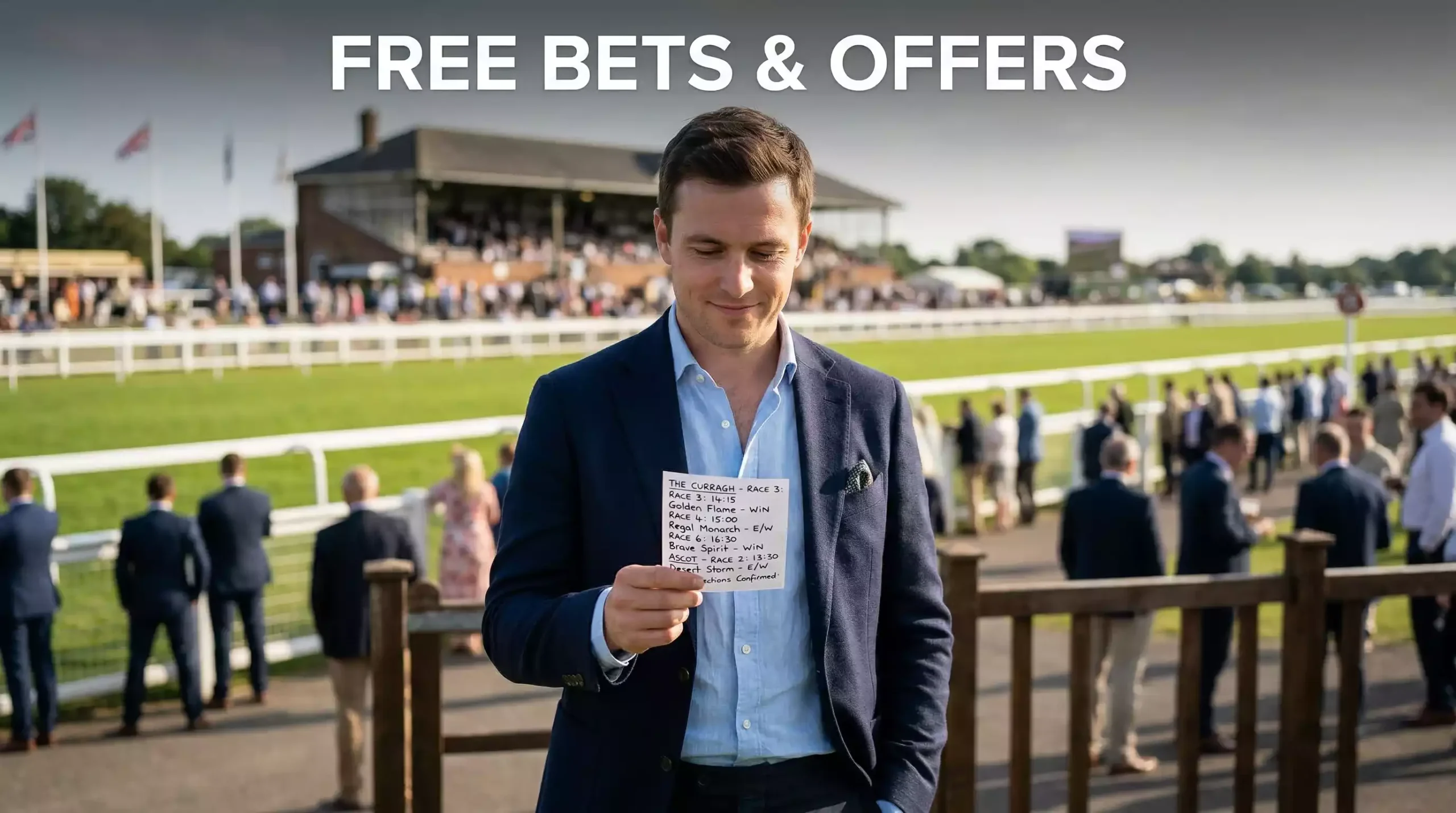 Horse racing free bets and welcome offers — punter studying a betting slip at the racecourse