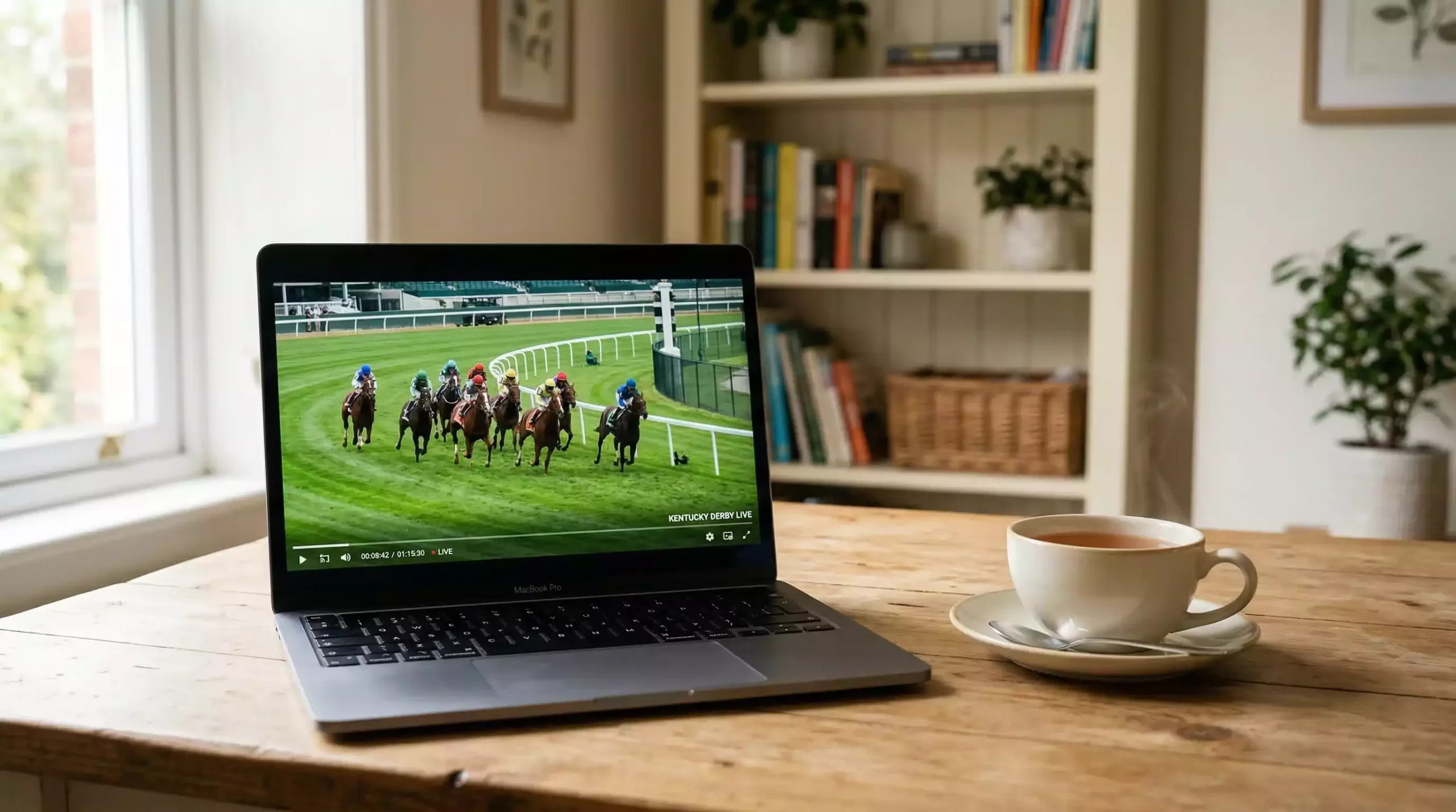 Laptop screen showing a live horse race stream on a desk at home