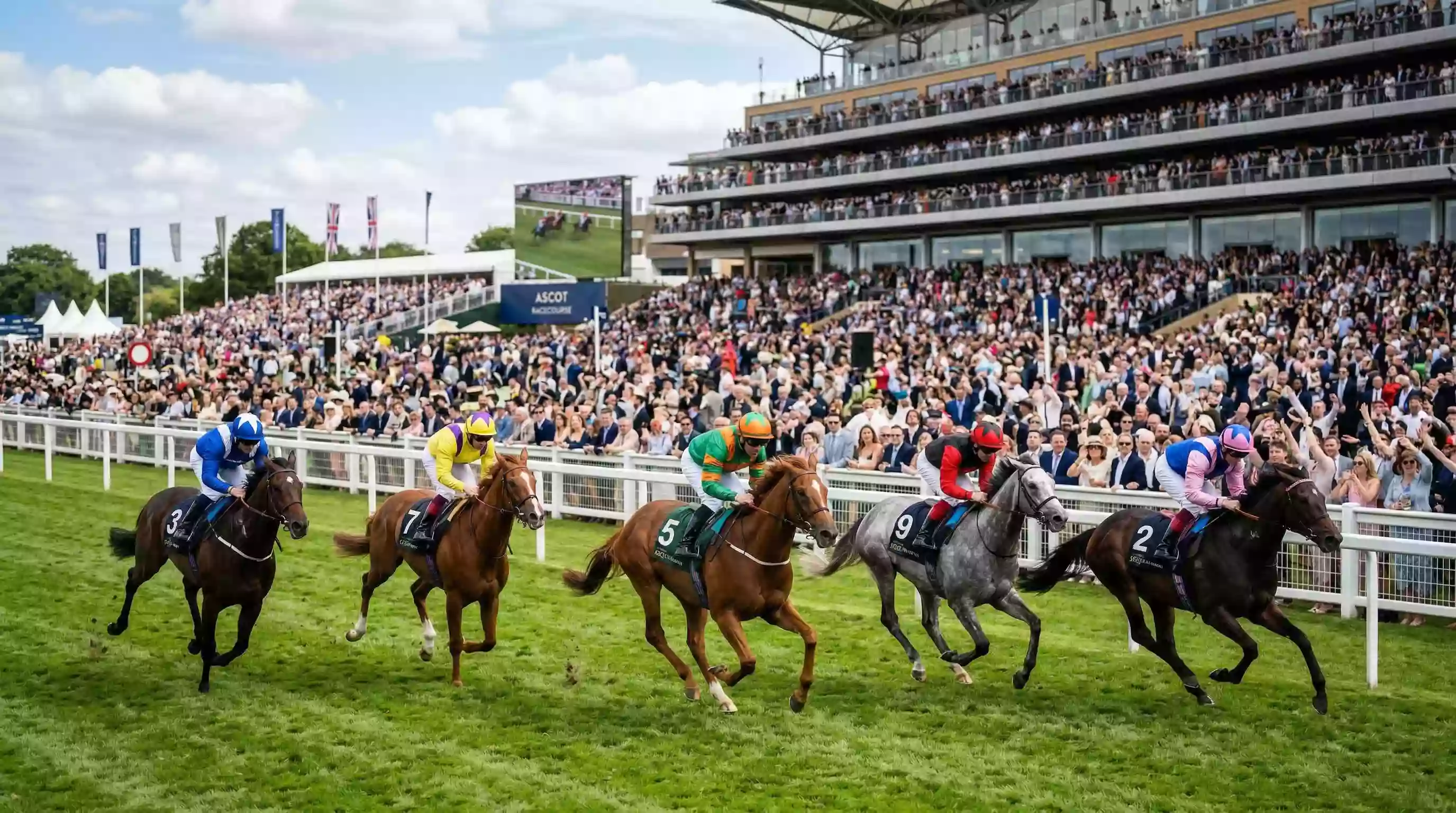Horse racing live streaming — crowd watching thoroughbreds race on a sunny British racecourse