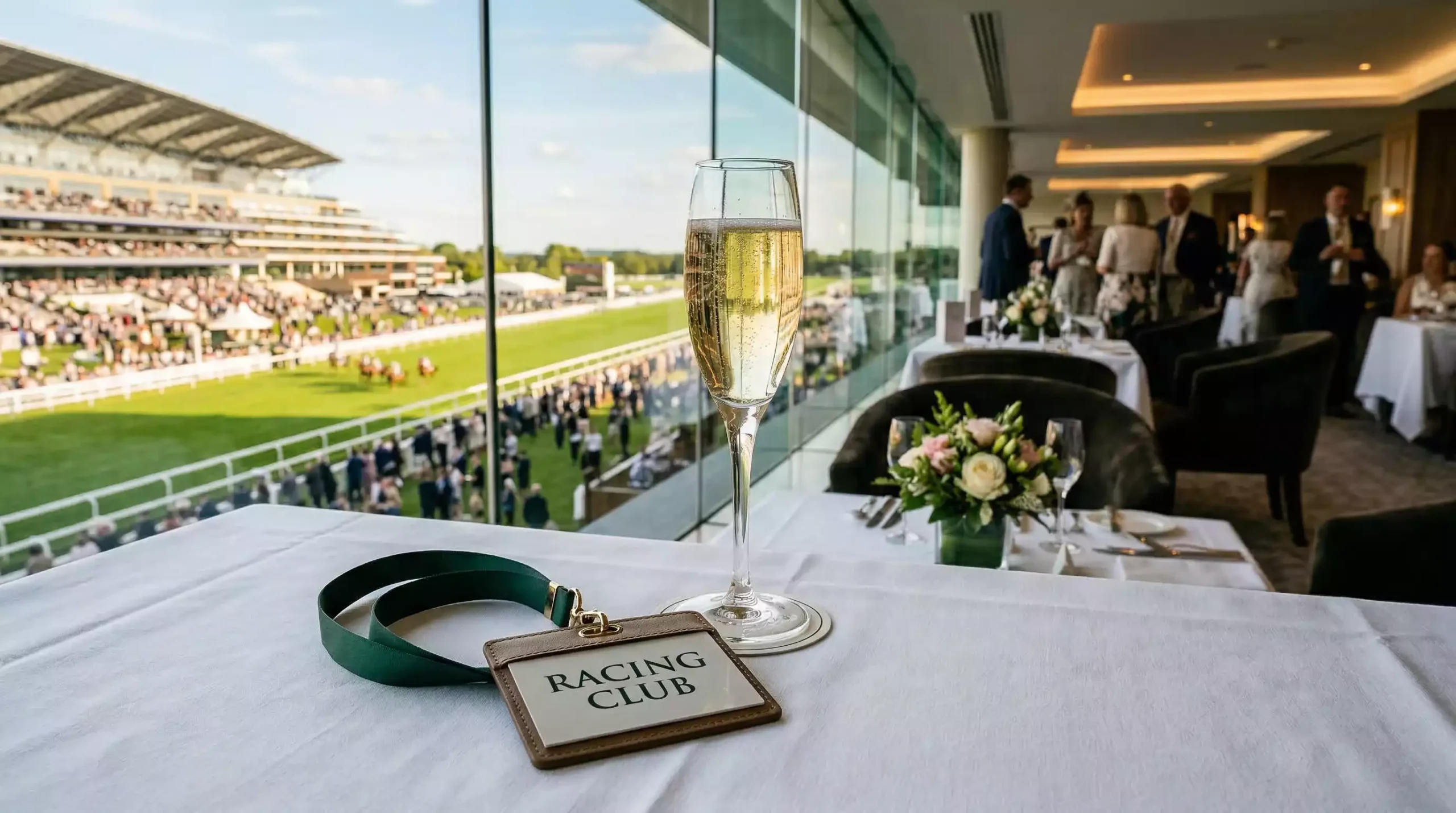 VIP racegoer badge and a premium drink in an exclusive racecourse hospitality area