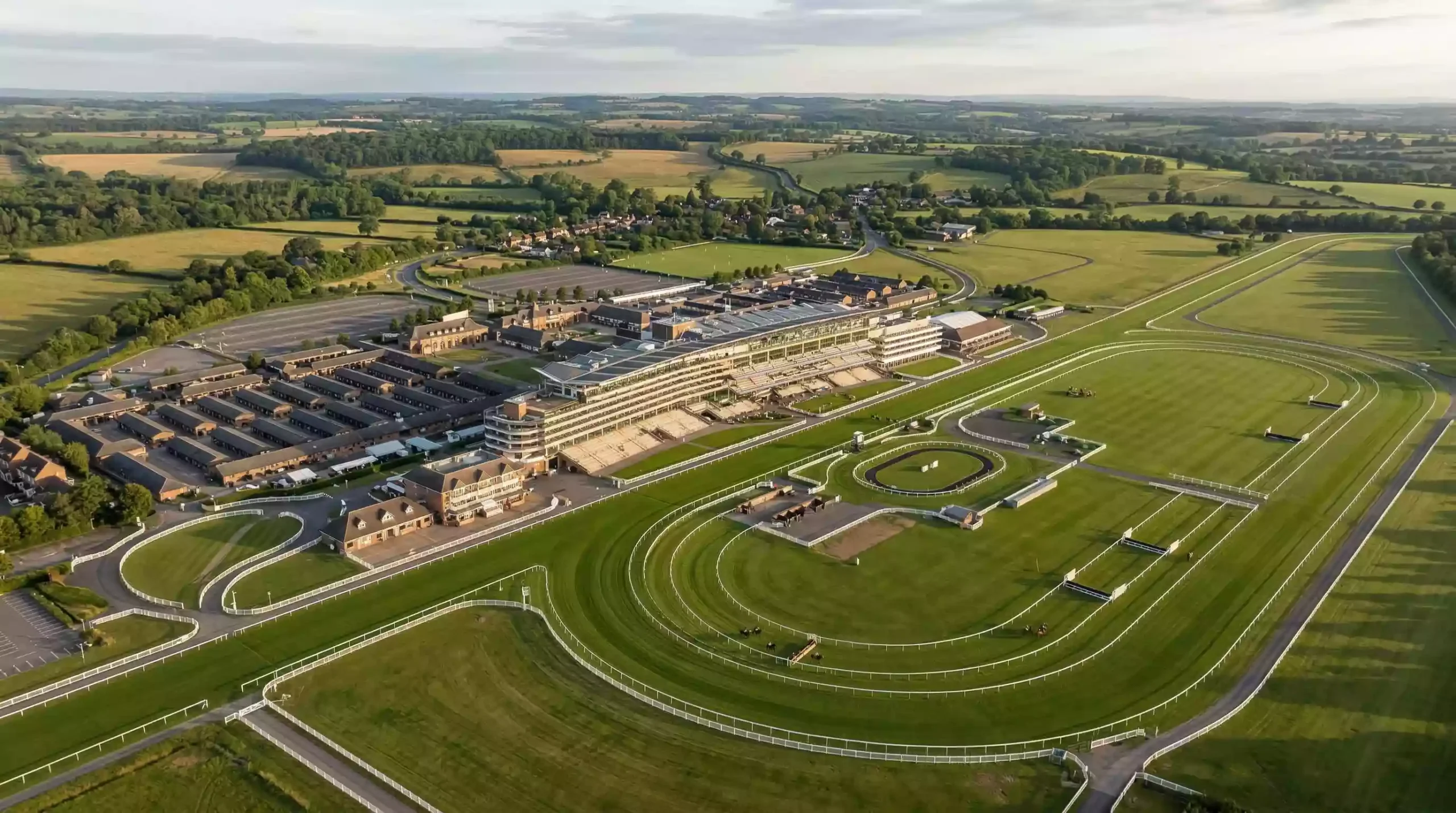 Wide view of a major UK racecourse showing stables grounds and full grandstand