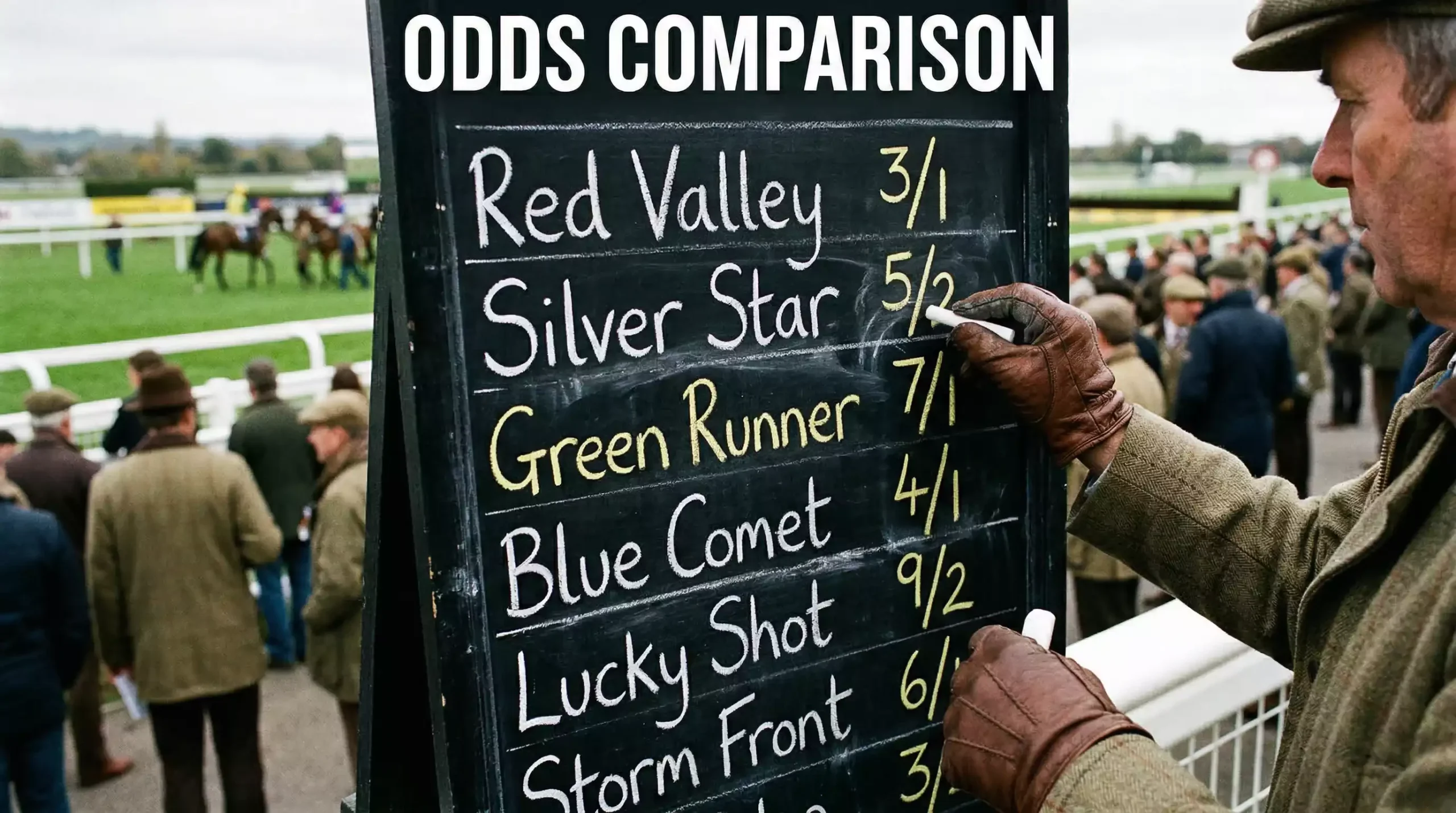 Horse racing odds comparison — bookmaker odds board at a UK racecourse