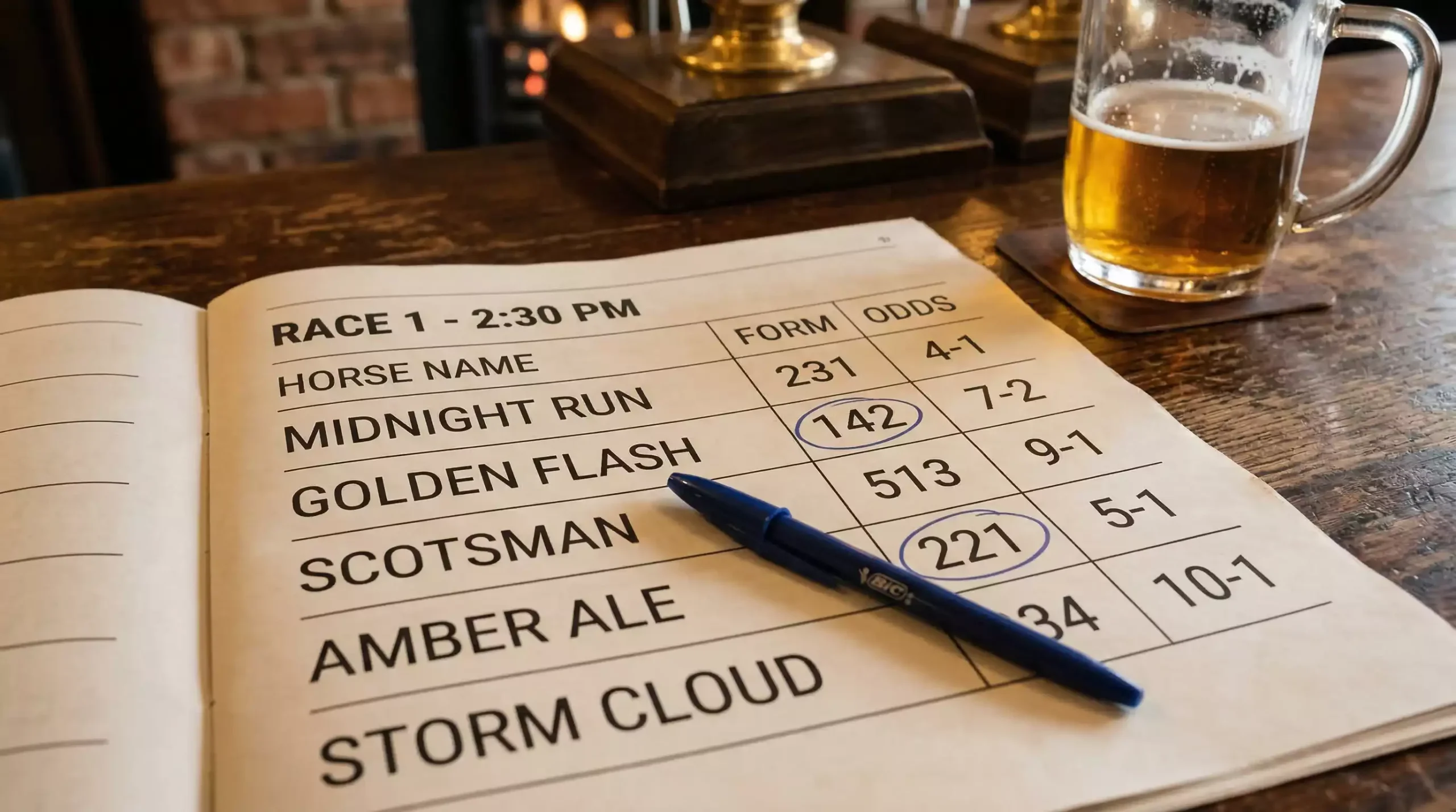 Racing newspaper form guide spread open on a table with a pen and coffee