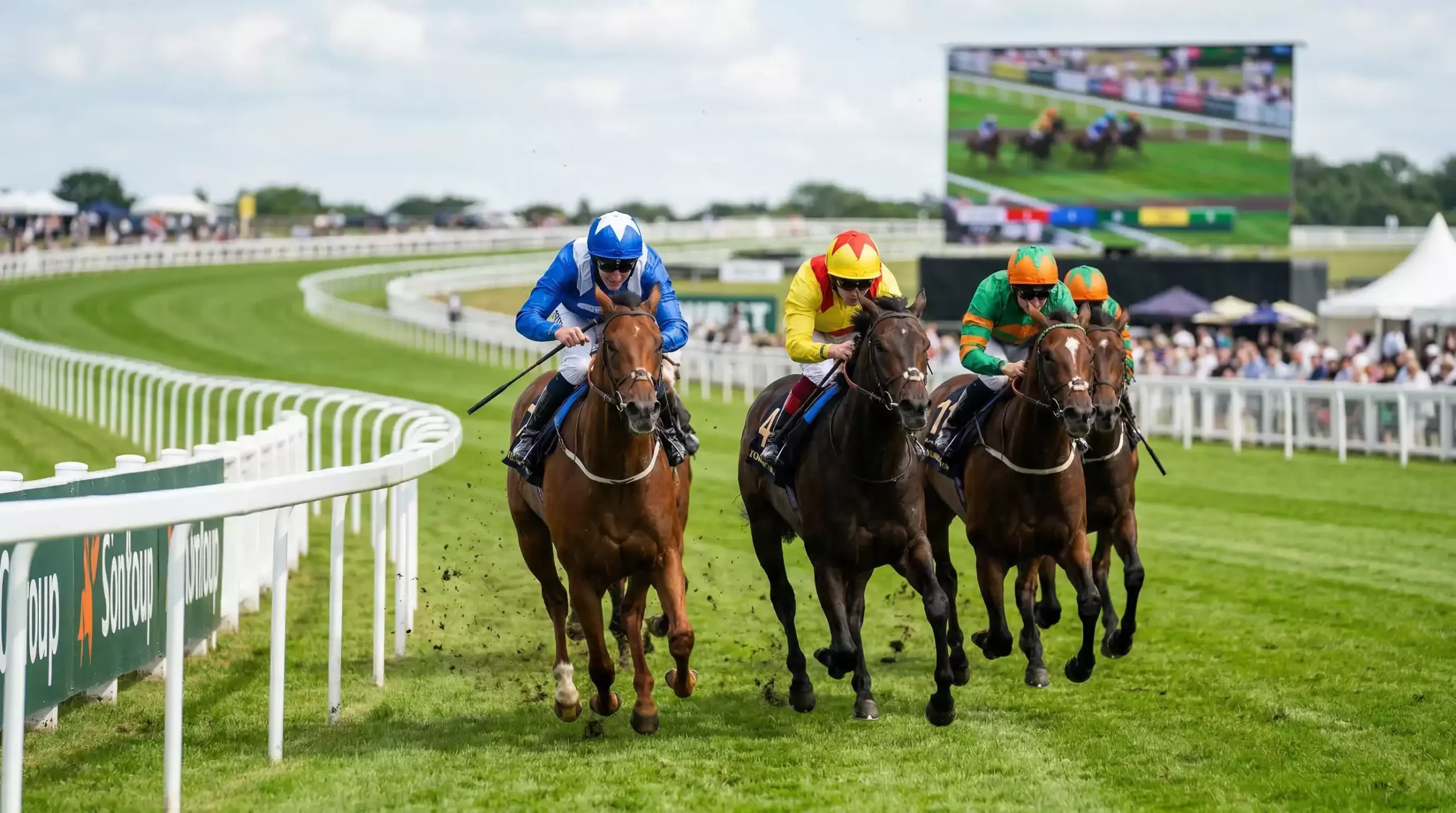 Horses racing at full gallop round a bend with a live odds screen in the background