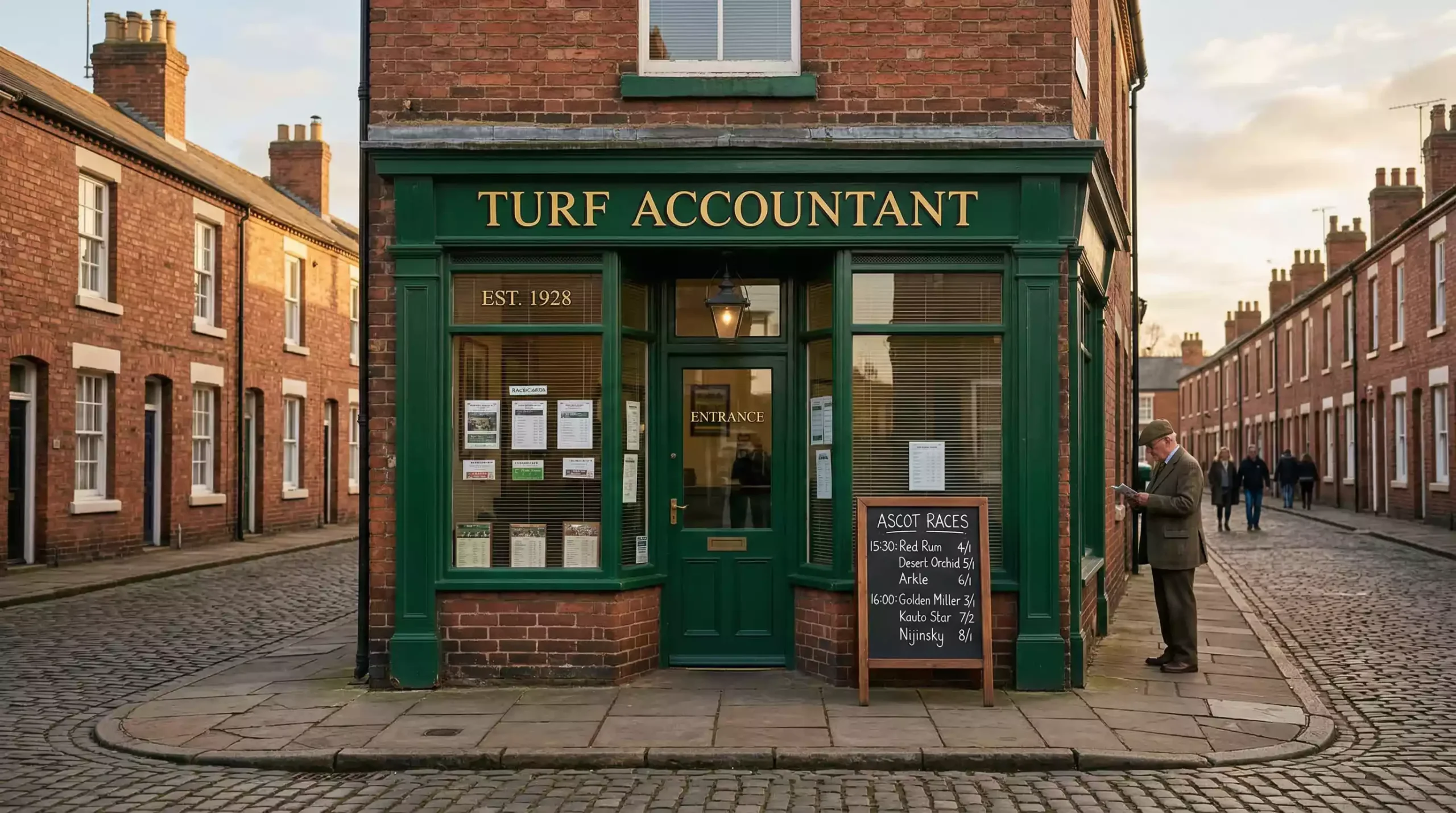 Small independent bookmaker shopfront on a traditional British high street