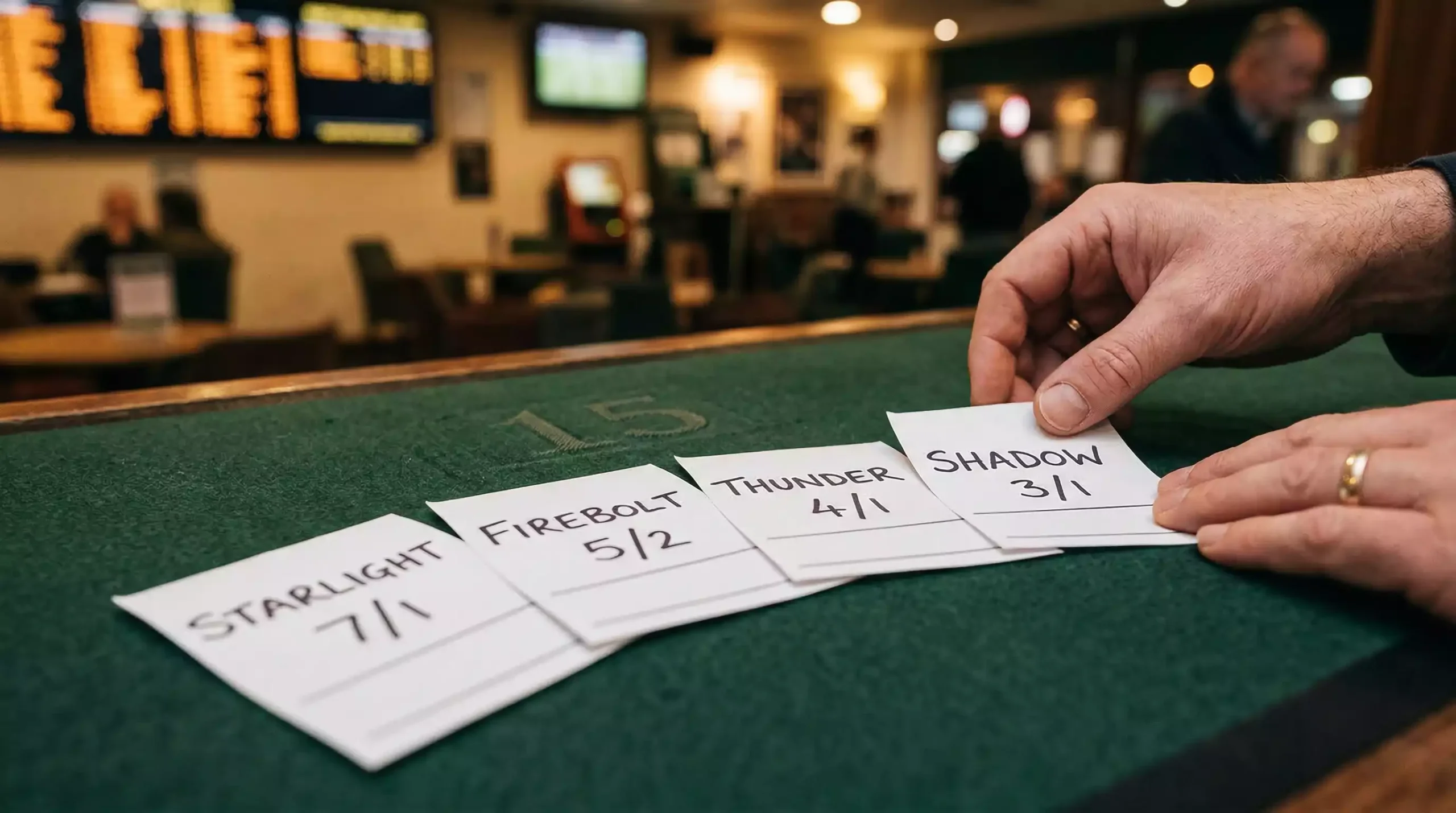 Four betting slips fanned out on a bookmaker counter representing four selections
