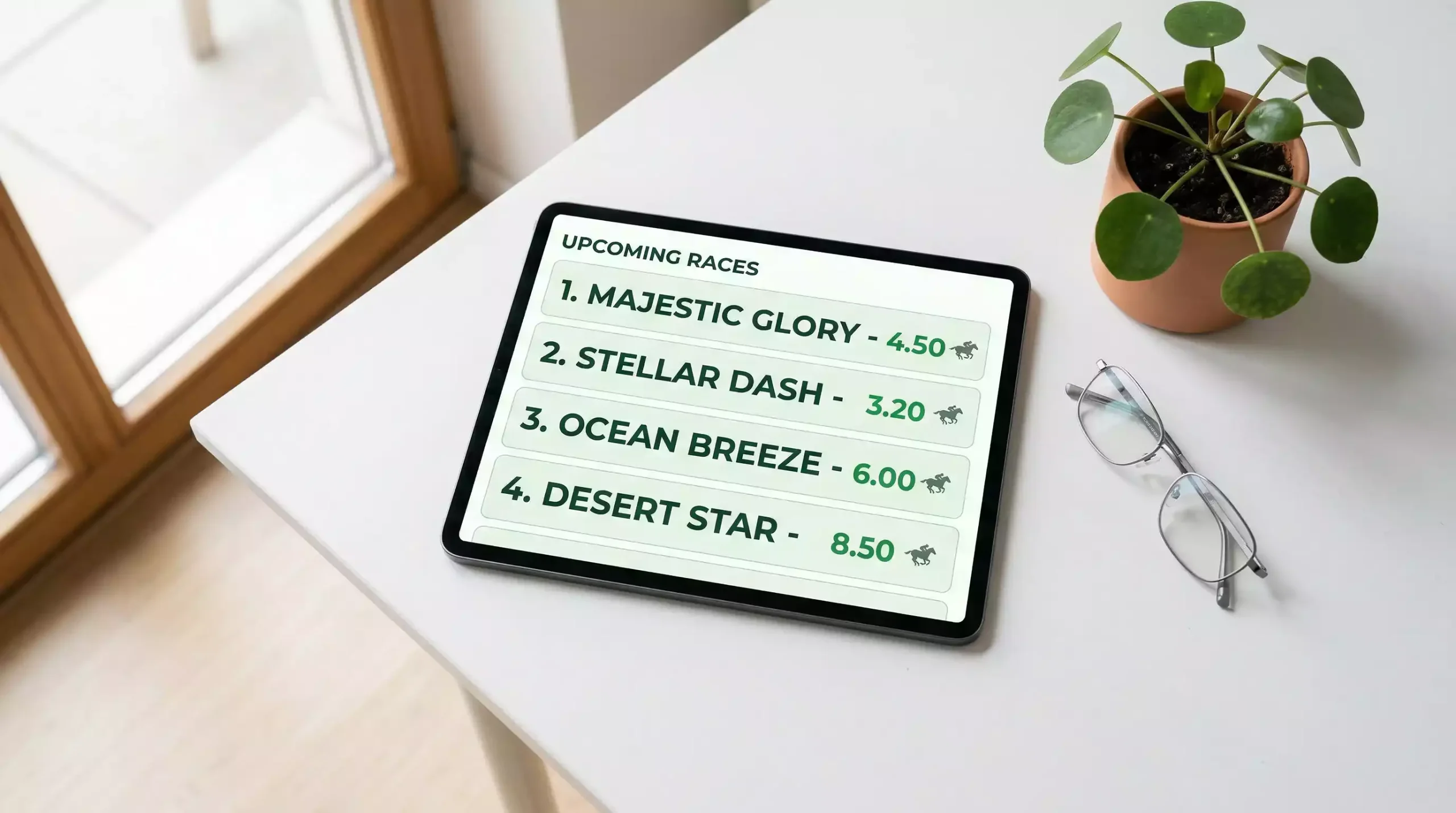 Modern tablet showing a clean new betting platform interface on a desk