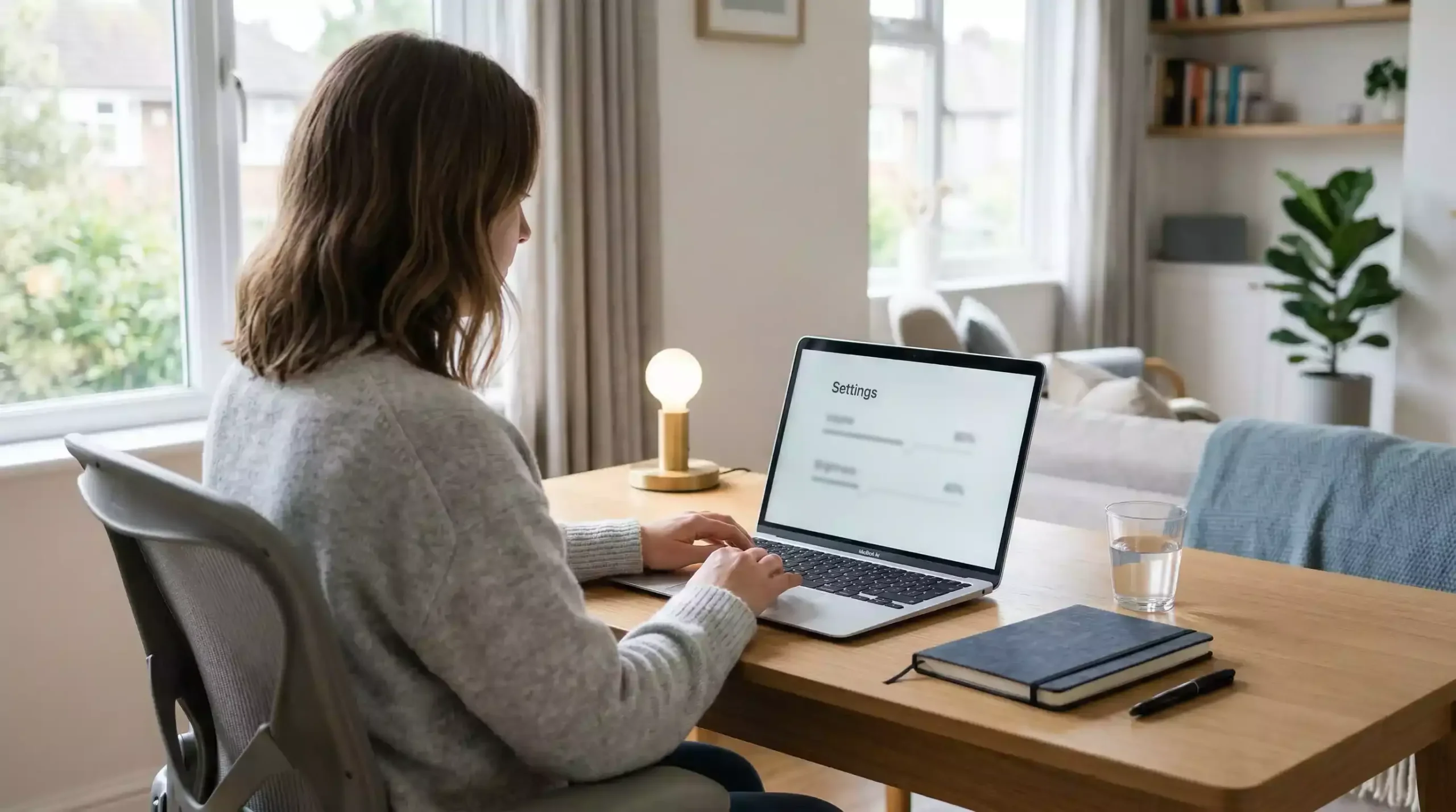 Person calmly setting a deposit limit on a laptop at a tidy home desk