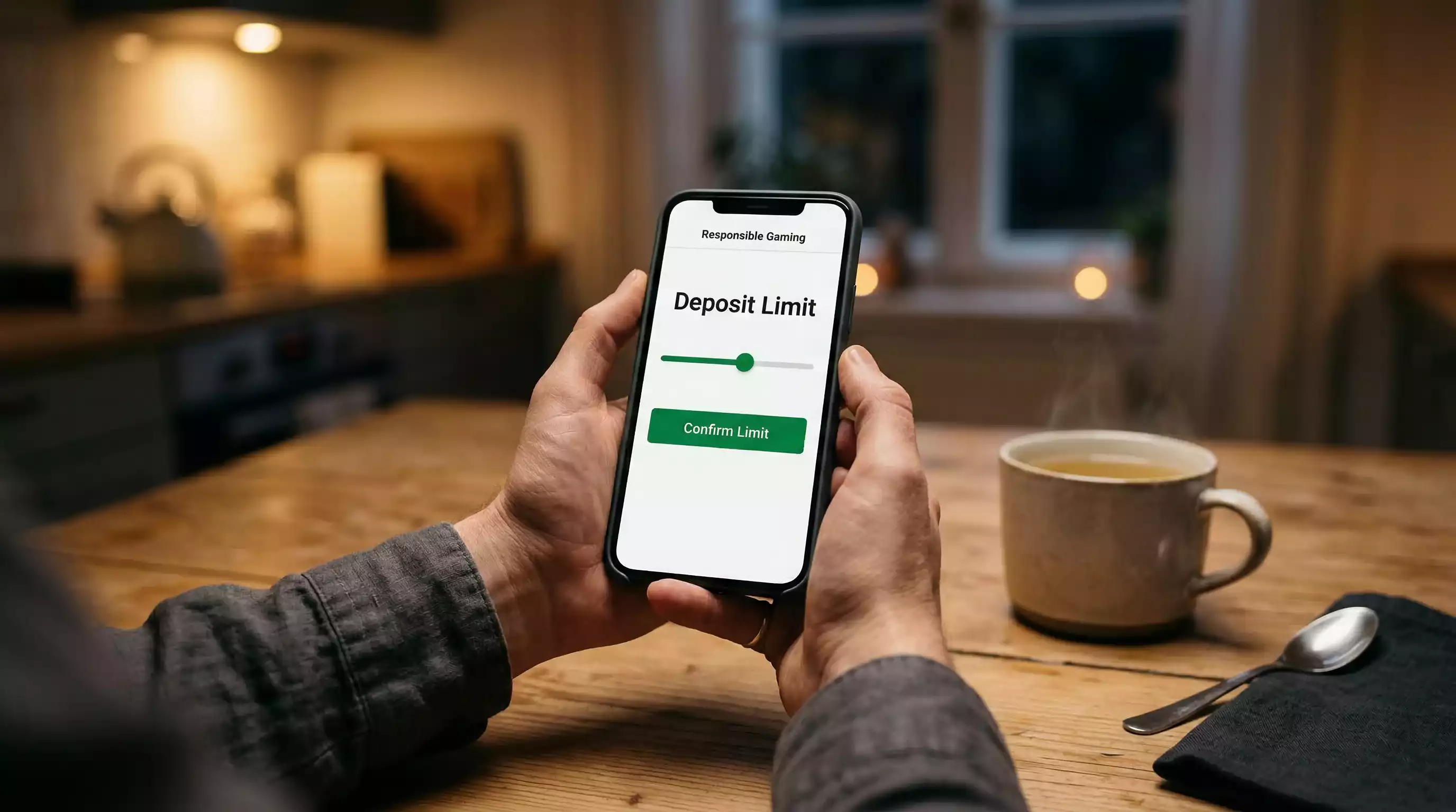 Responsible gambling tools — person setting deposit limits on a betting app