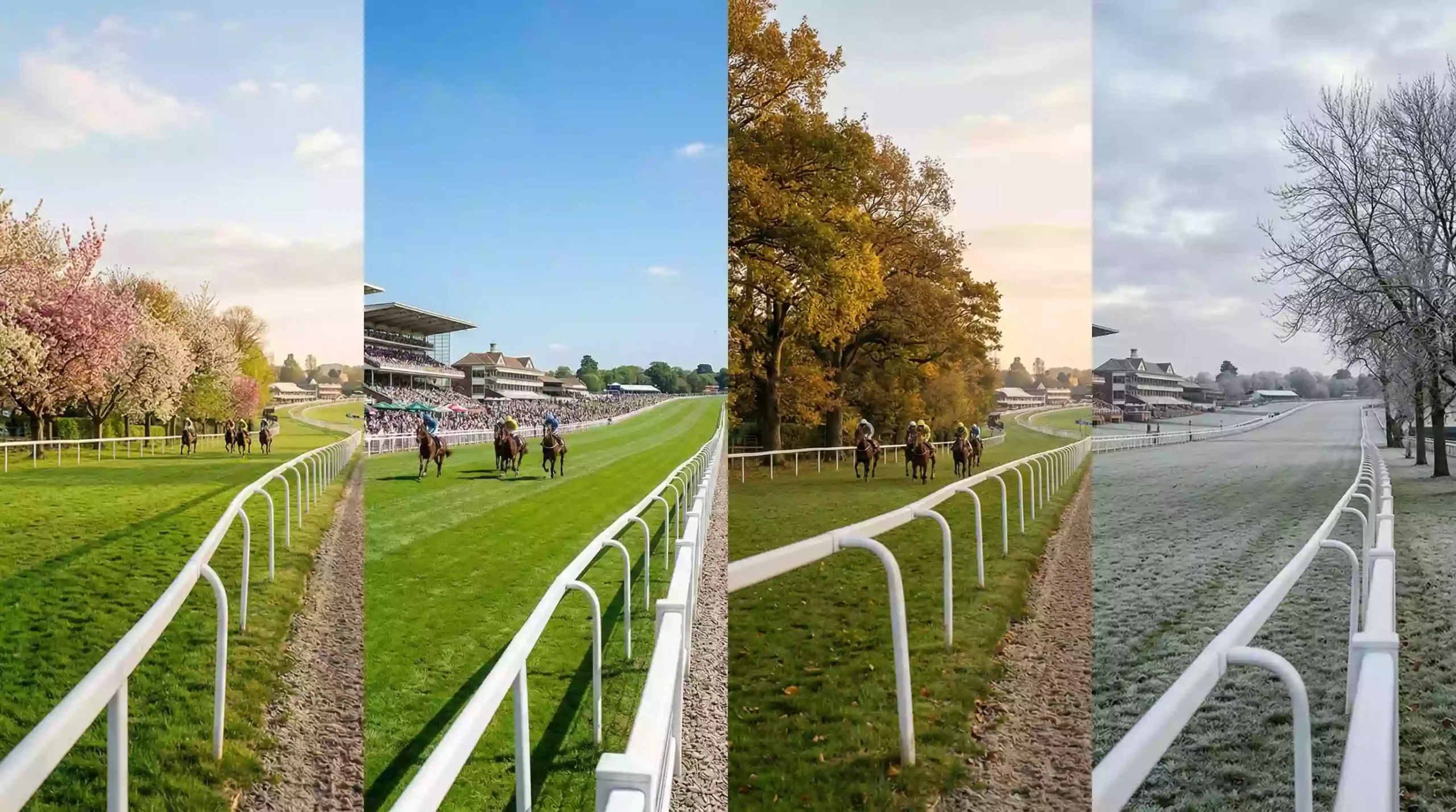 Panoramic view of a UK racecourse across four seasons from spring to winter