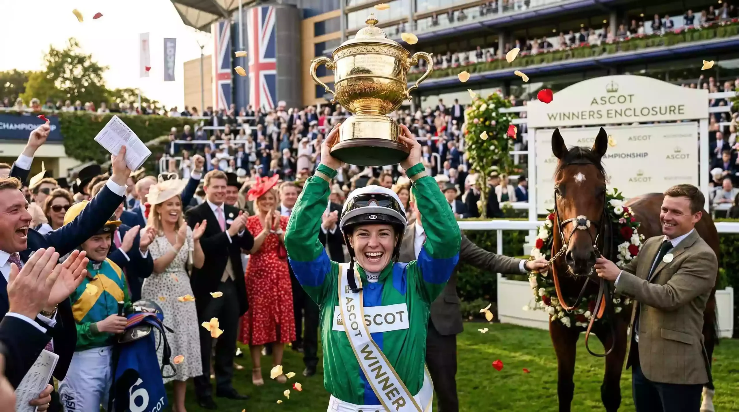 Gold trophy being presented to a winning jockey in the winners enclosure