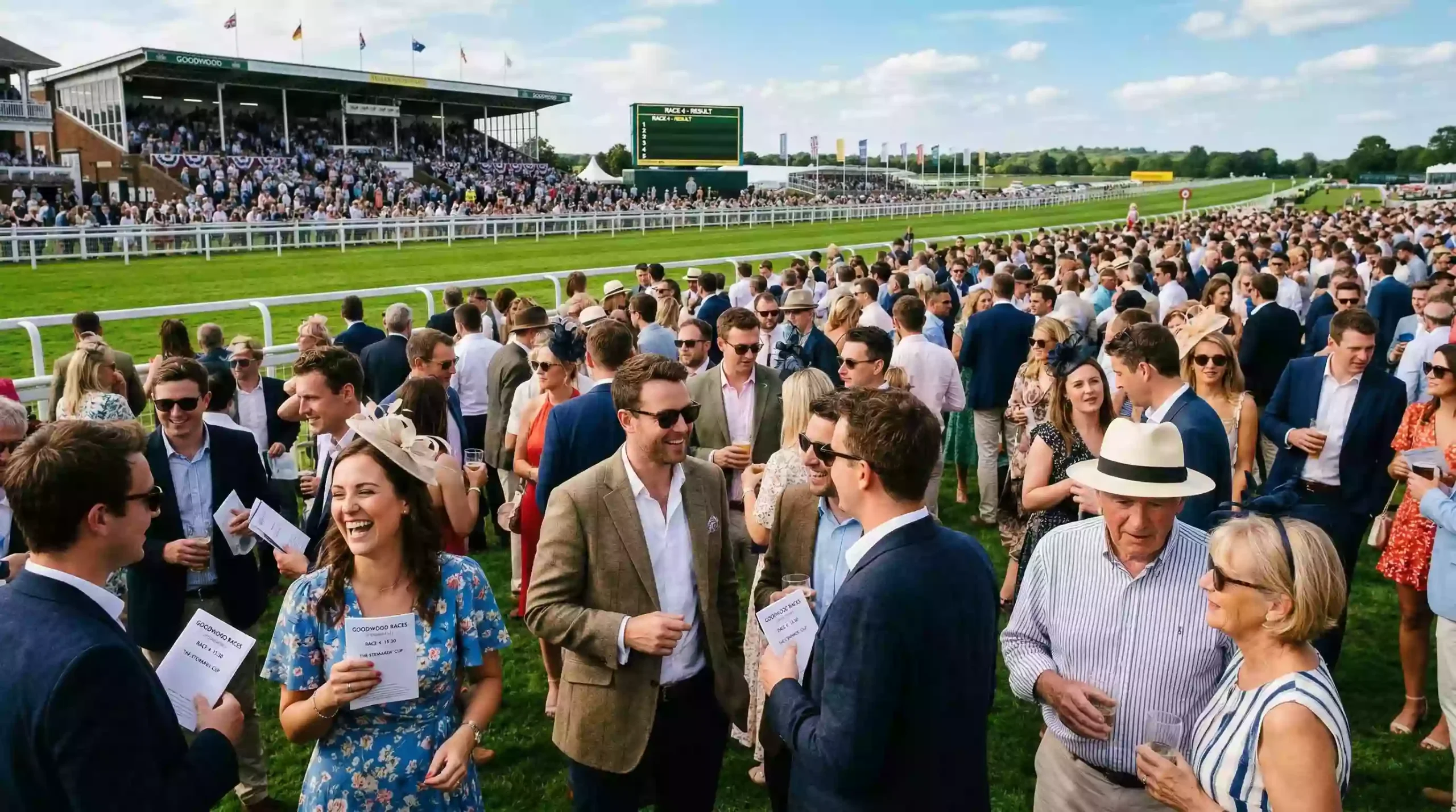 Large crowd of diverse racegoers enjoying a summer day at a UK racecourse