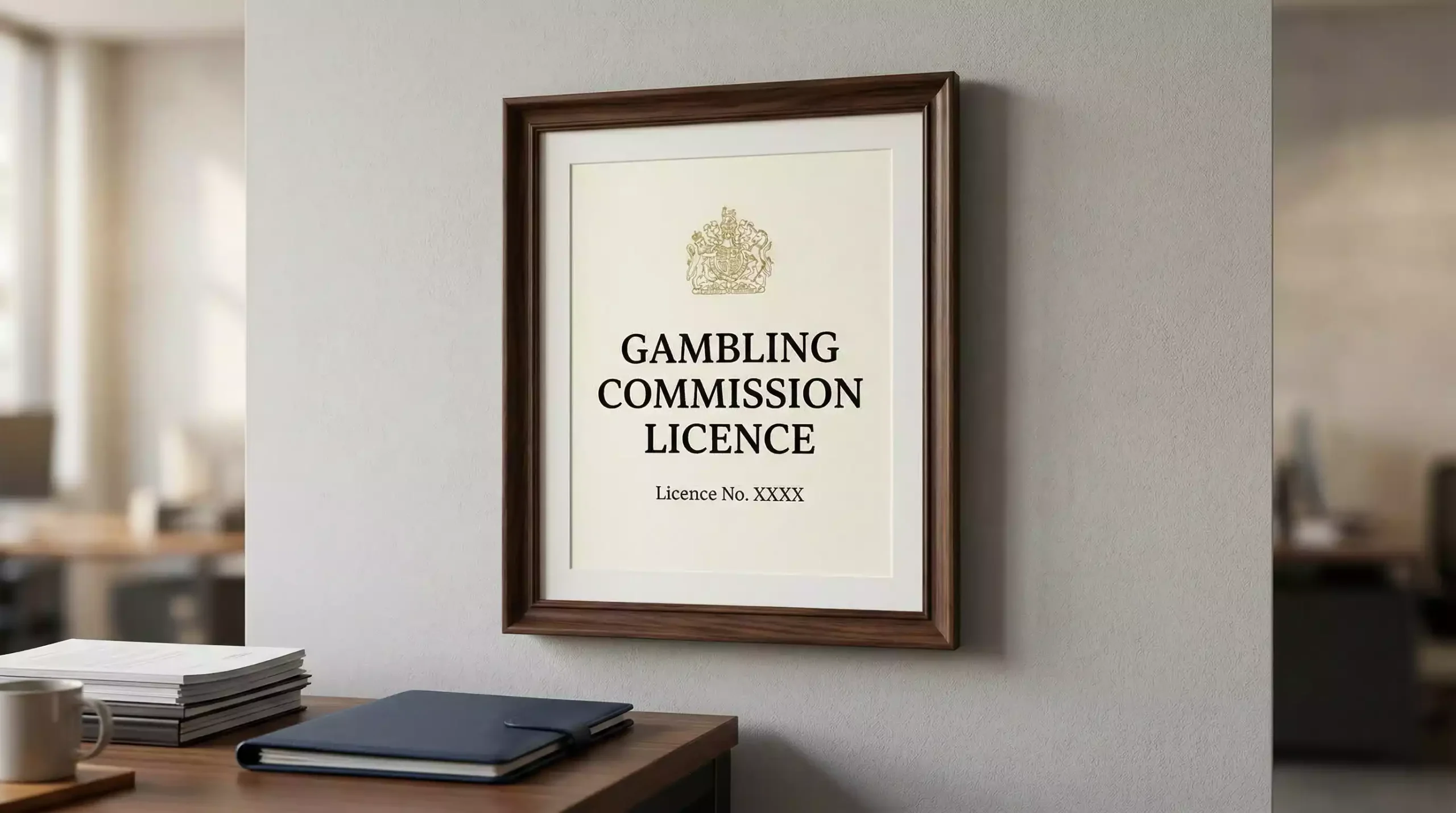 Official UKGC licence certificate displayed behind glass at a bookmaker office